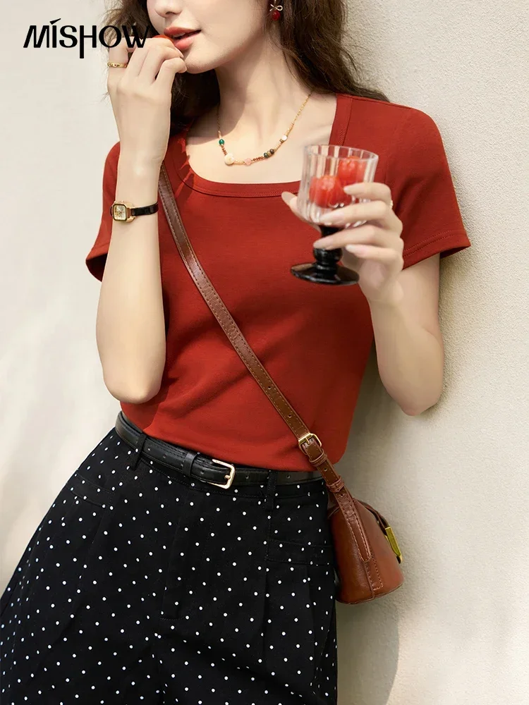 MISHOW Women's Cotton Square Neck T-Shirt Office Tee