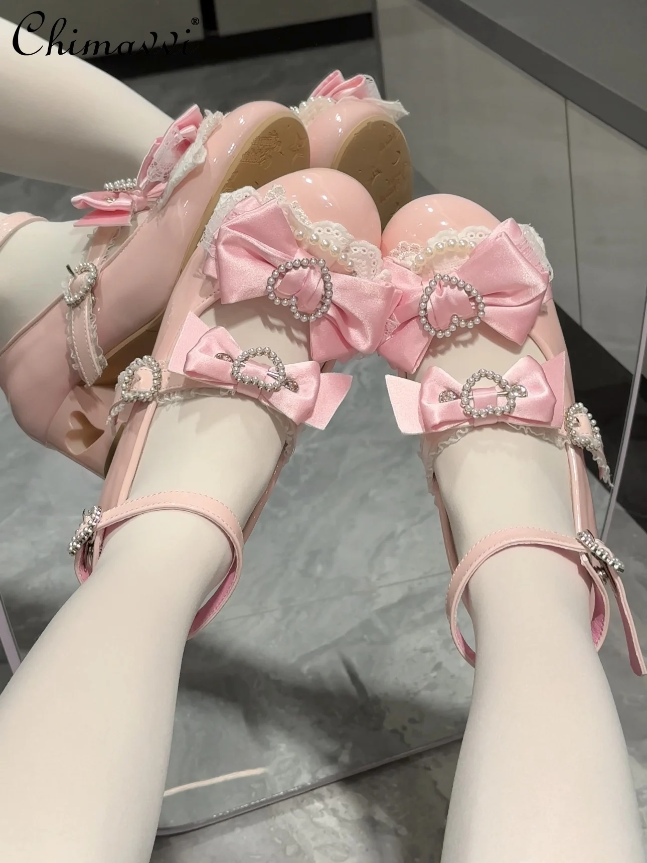 

Original Ji Women's Shoes Hollow Heel Mary Jane Shoes 2025 Autumn New Princess Sweet Bow Cos High Heels Girl Versatile Pumps