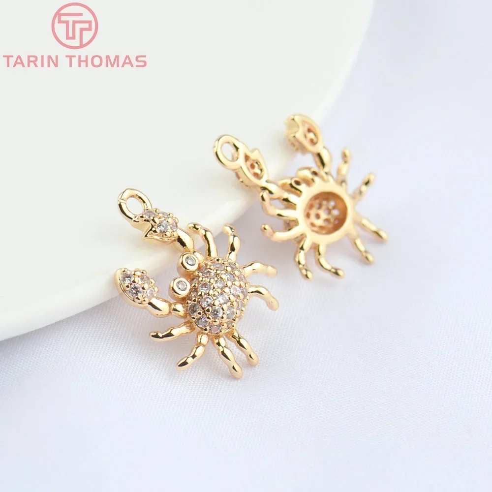 (4831) 6PCS 16x17MM 24K Champagne Gold Color Brass with Zircon Crab Shaped Pendants High Quality Jewelry Making Findings