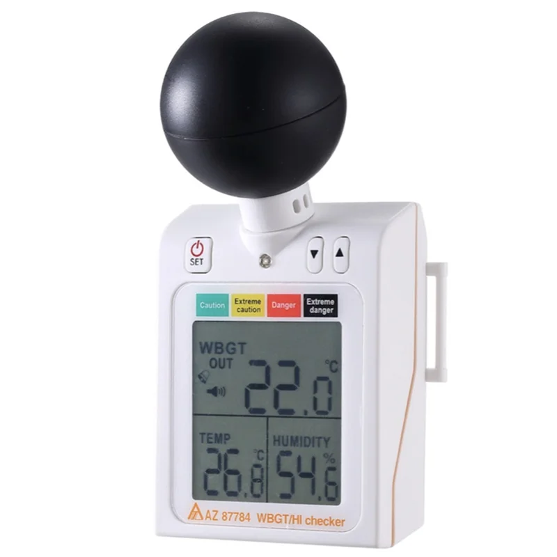 N01R-2-In-1 Wet Bulb Globe Temperature Temp Checker WBGT+ HI Heat Index Heat Stress Meter Level Indicator Audible Alarms