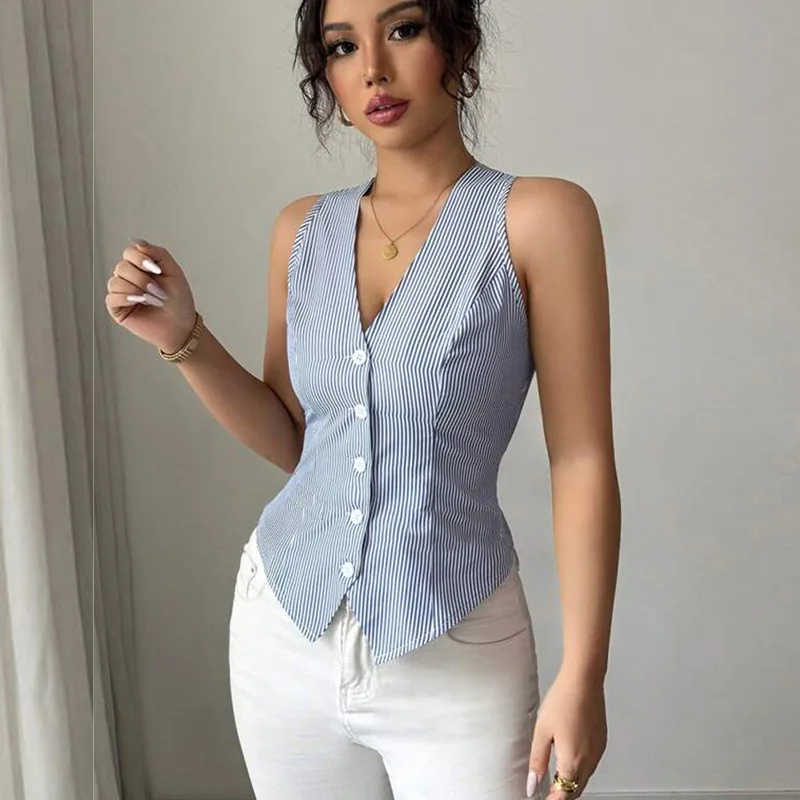 

Ele Striped Svel Open Cardigan Vest Summer 2025 Faionable Lightweight Polyester Women's Top YDX06