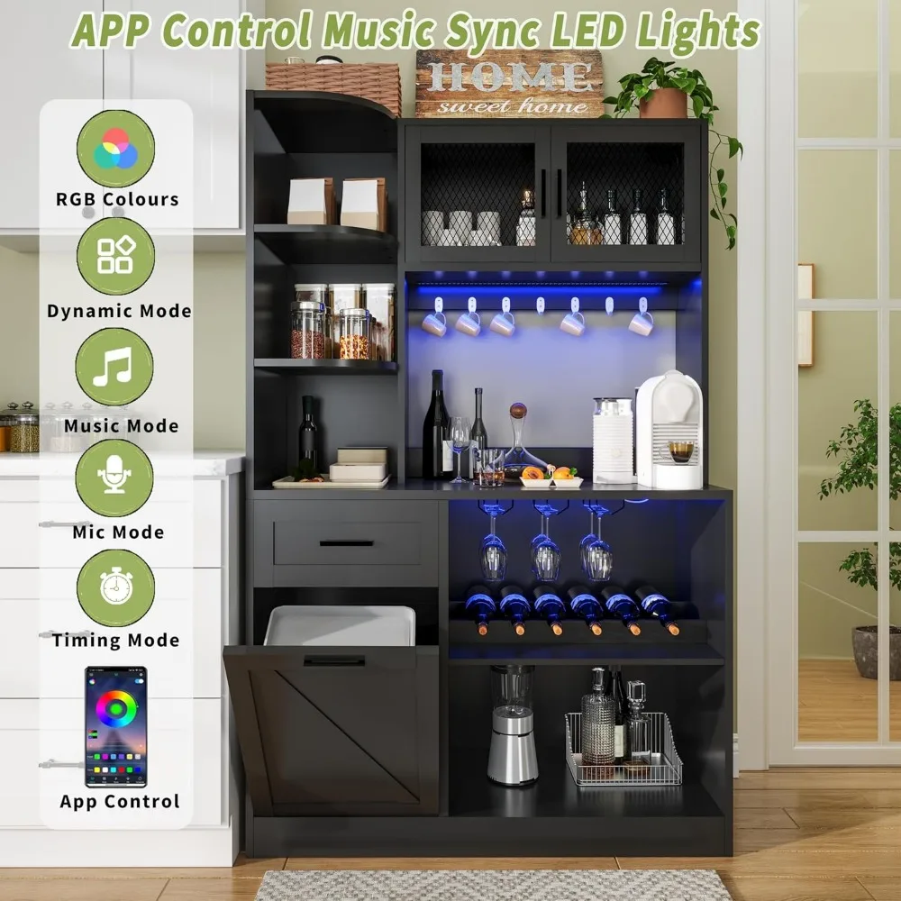 خزانة تخزين مطبخ أنيقة باللون الأسود 67.3 مع درج وأرفف وصندوق قمامة قابل للإمالة وبار القهوة والنبيذ #3