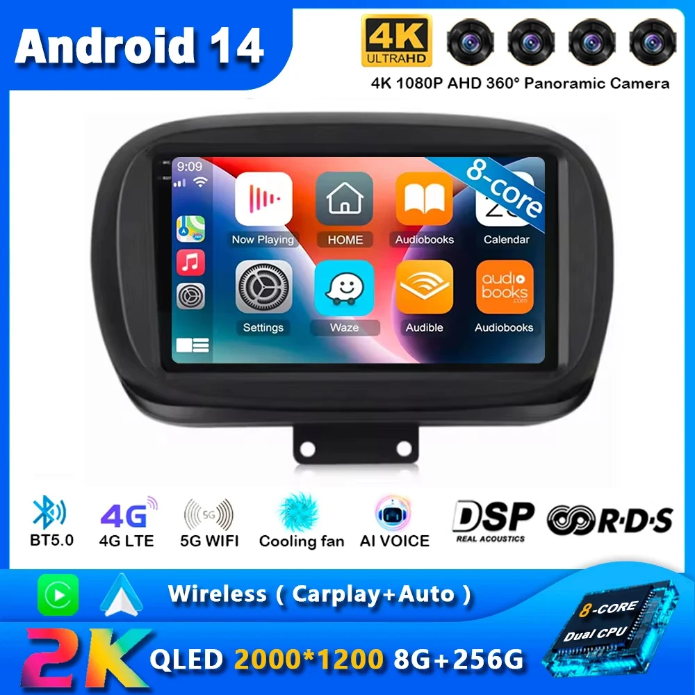 

Android 14 For Fiat 500X 2014 2015 2016 2017 - 2020 Car Radio Navigation Multimedia Player GPS WiFi+4G DSP wireless Carplay Auto