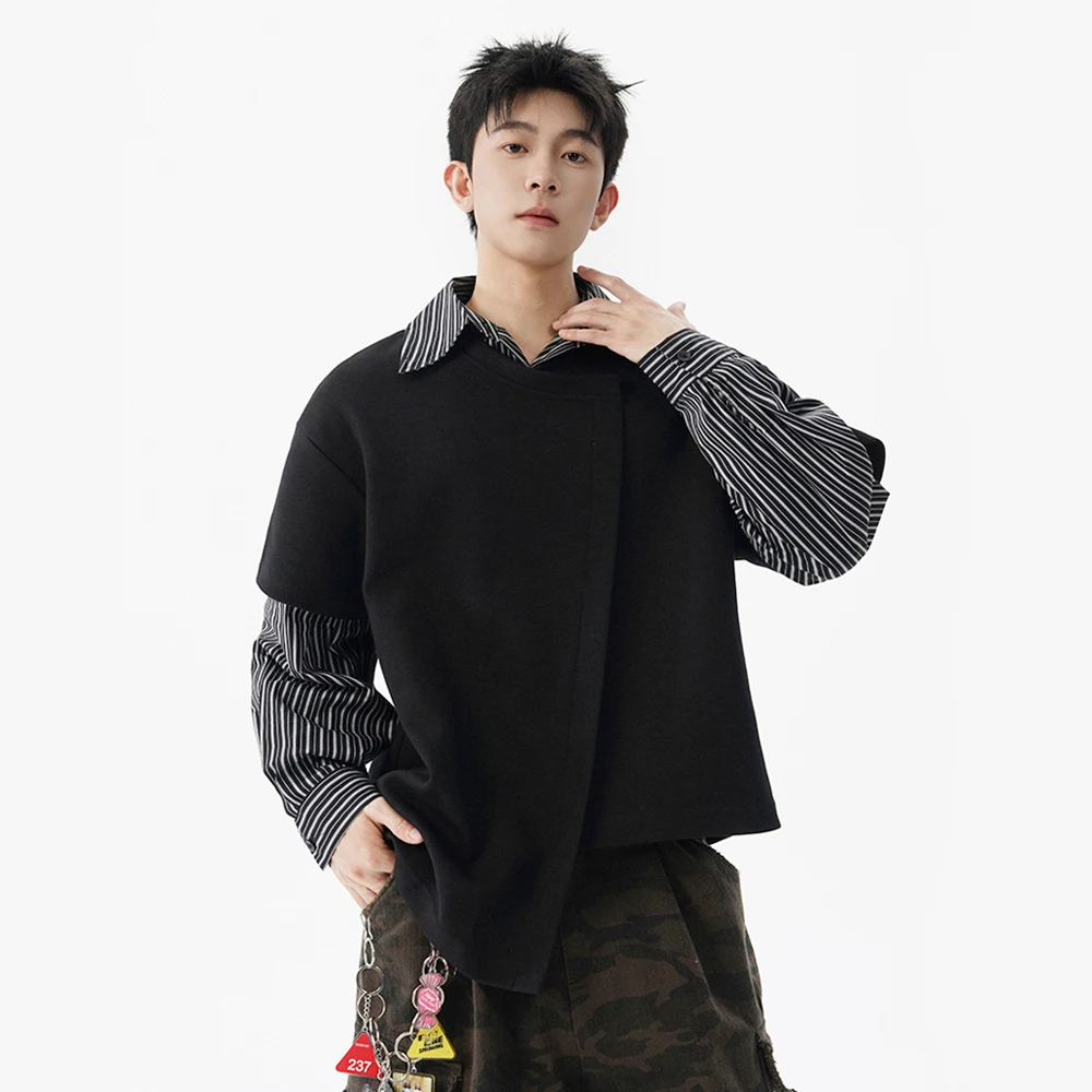 Men Splice Stripe Shirt Long Sleeve Collar Streetwear Fashion Casual Loose Sweatshirts Spring Autumn Hoodie Tops Tees Shirts