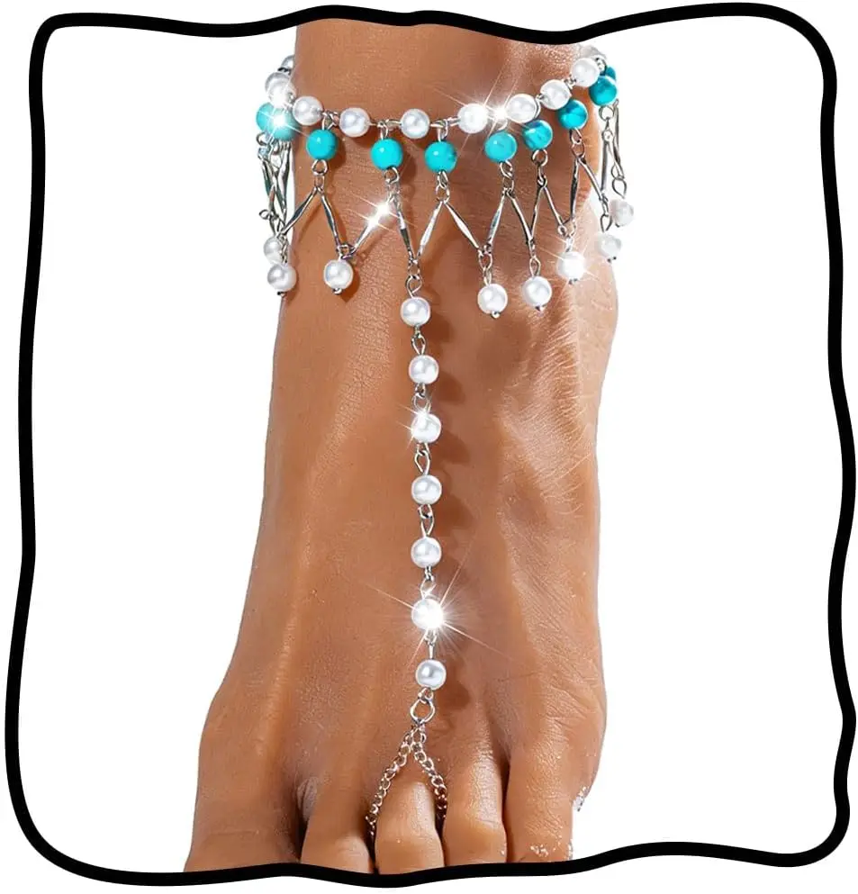 Sandalias Boho con Turquesa y Perlas, Tobillera Plateada, Accesorios de Playa para Mujer