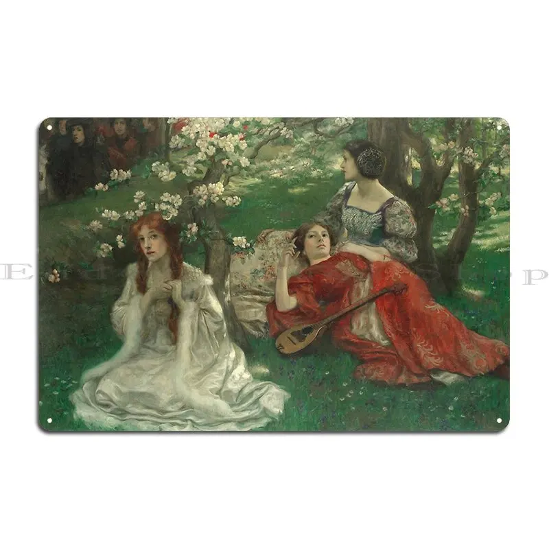 Beneath The Blossom 20th Century Follower Of Eleanor Fortescue Brickdale Metal Sign Wall Mural Personalized Designer