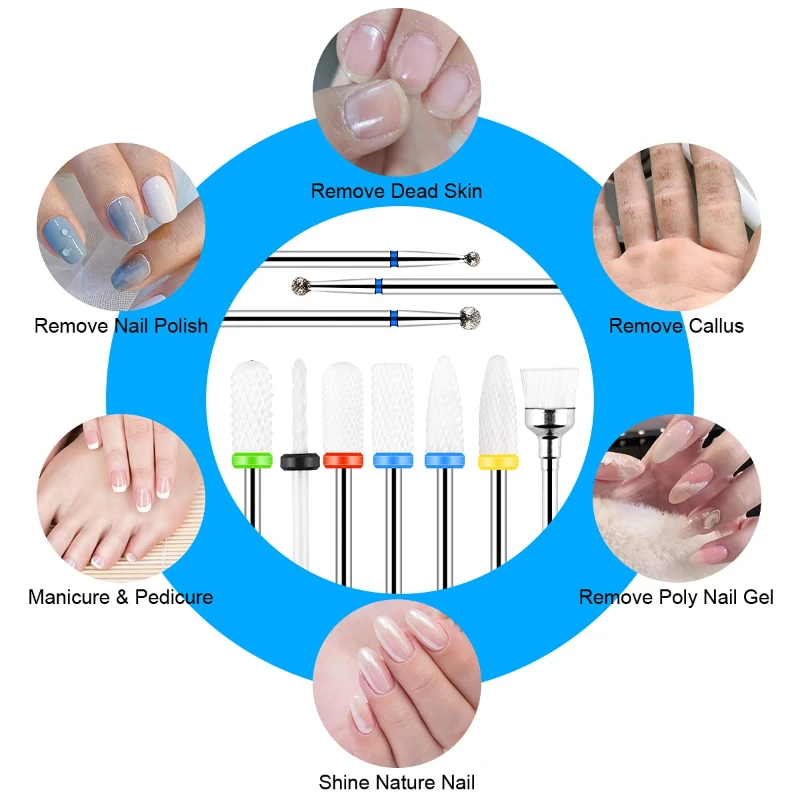 Juego de brocas de cerámica para uñas, accesorios de máquina de manicura para Gel acrílico, limas de uñas eléctricas, herramienta de taladro de pedicura, 10 piezas