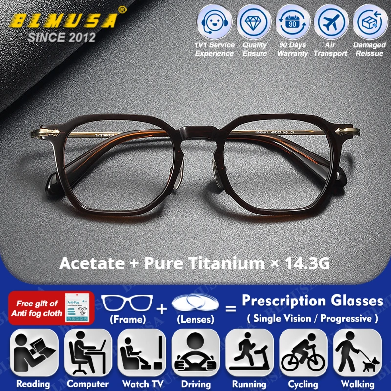 

BLMUSA (S) Blue Light Filter Retro Acetate Geometric Design Square Prescription Glasses Men Progressive Reading Optical Eyeware