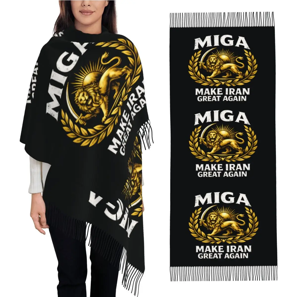 MIGA Make Iran Great Again Persian Lion And Sun Scarf Womens Scarves Wraps with Long Tassel y2k Shawls and Wraps Bufanda Mujer