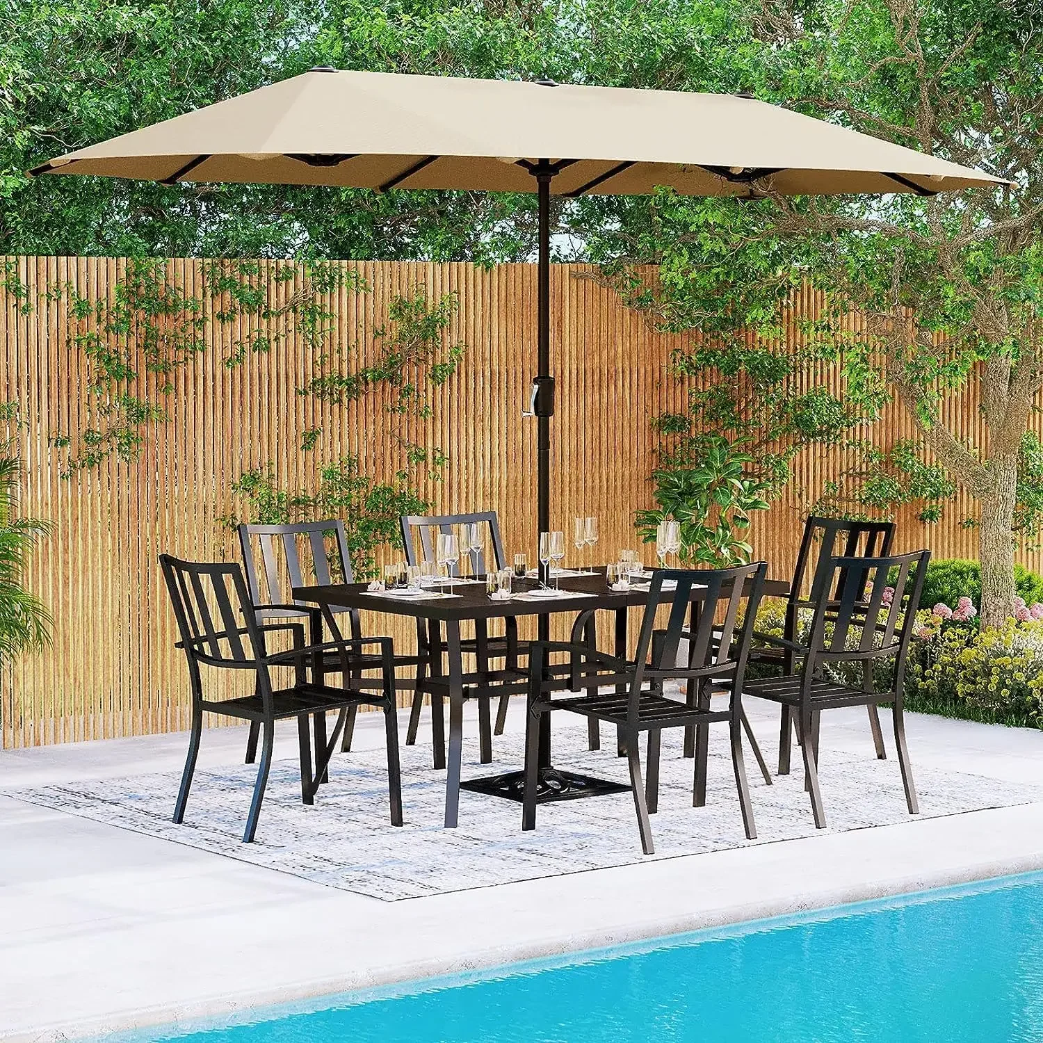 

6-8 Person Outdoor Metal Steel Slat Dining Rectangle Table with Adjustable Umbrella Hole, Black