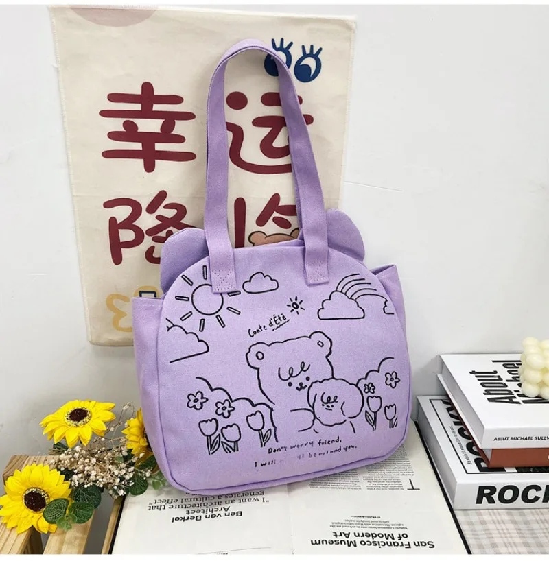 Cute Teddy Bear Printed Single Shoulder Canvas Bags, College Style Large Capacity Cartoon Tote Bag, Suitable for Commuting