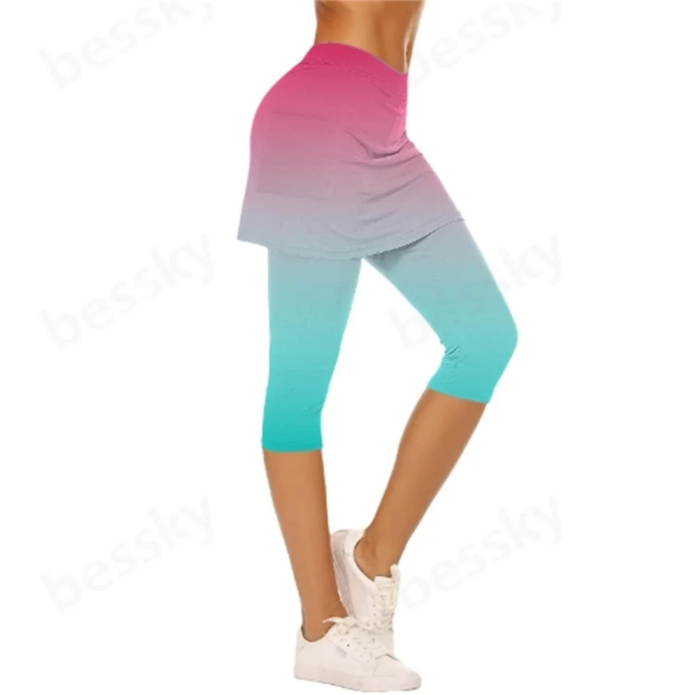 

Ladies cropped trousers sports golf gym tennis yoga leg high waist cropped trousers with skirt yoga pants.