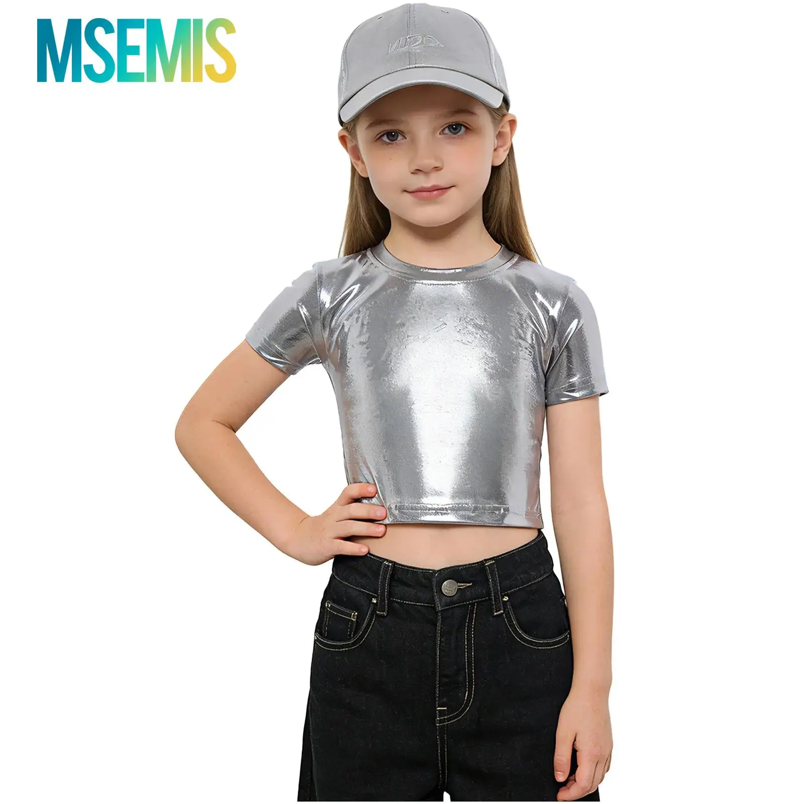 

Kids Girls Hip Hop Ruched Metallic Crop Tops Jazz Dance Performance Costume Silver Metallic Round Neck Short Sleeves T-shirt