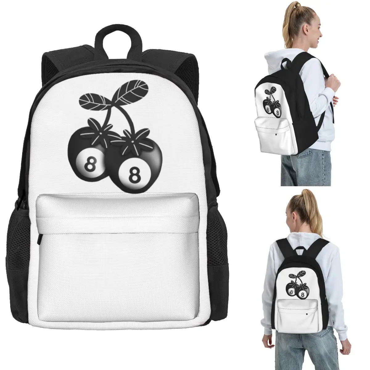 

Black 8 Ball Cherry Backpack Hot Sale Daypack Large Capacity Kids BookBag School Bag Shoulder Bags for Men Women