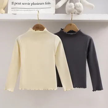 בגדי ילדים חולצת בסיס חדשה לבנות לסתיו וחורף ילדים מגניבים עם קצה פטרייתי שחור צבע אחיד חולצת שרוול ארוכה