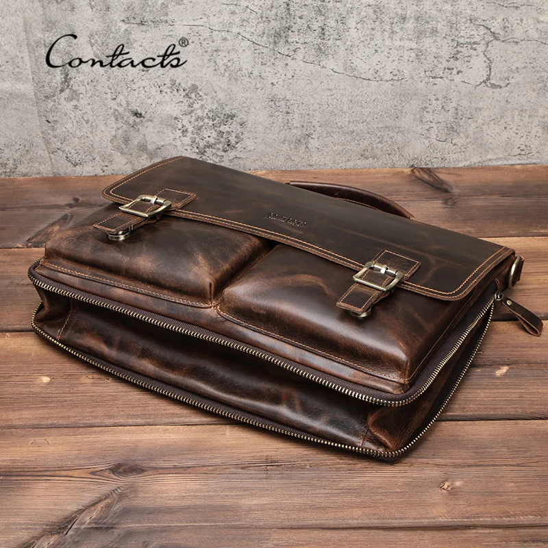 

Men Briefcase Bag Crazy Horse Leather Shoulder Messenger Bags Famous Brand Business Office Handbag for 14 inch Laptop