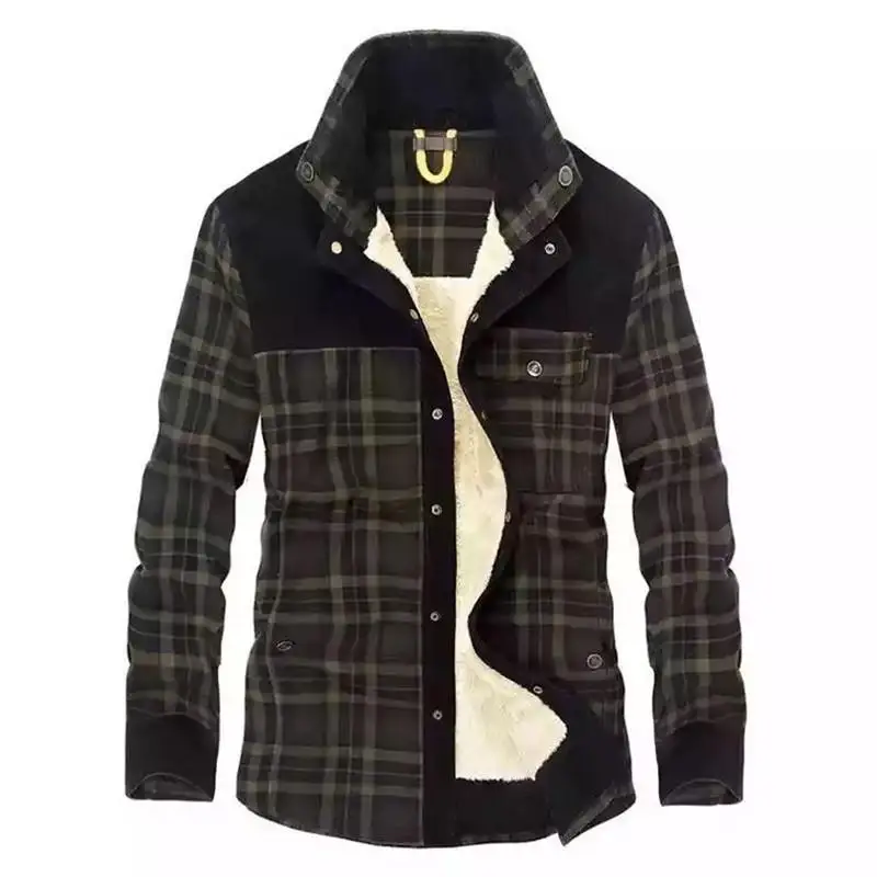 Men's Plaid Shearling Lined Fleece Shirt Jacket Casual Style Thickened Warm Sherpa Coat with Pockets Non-Shrinkage Treatment