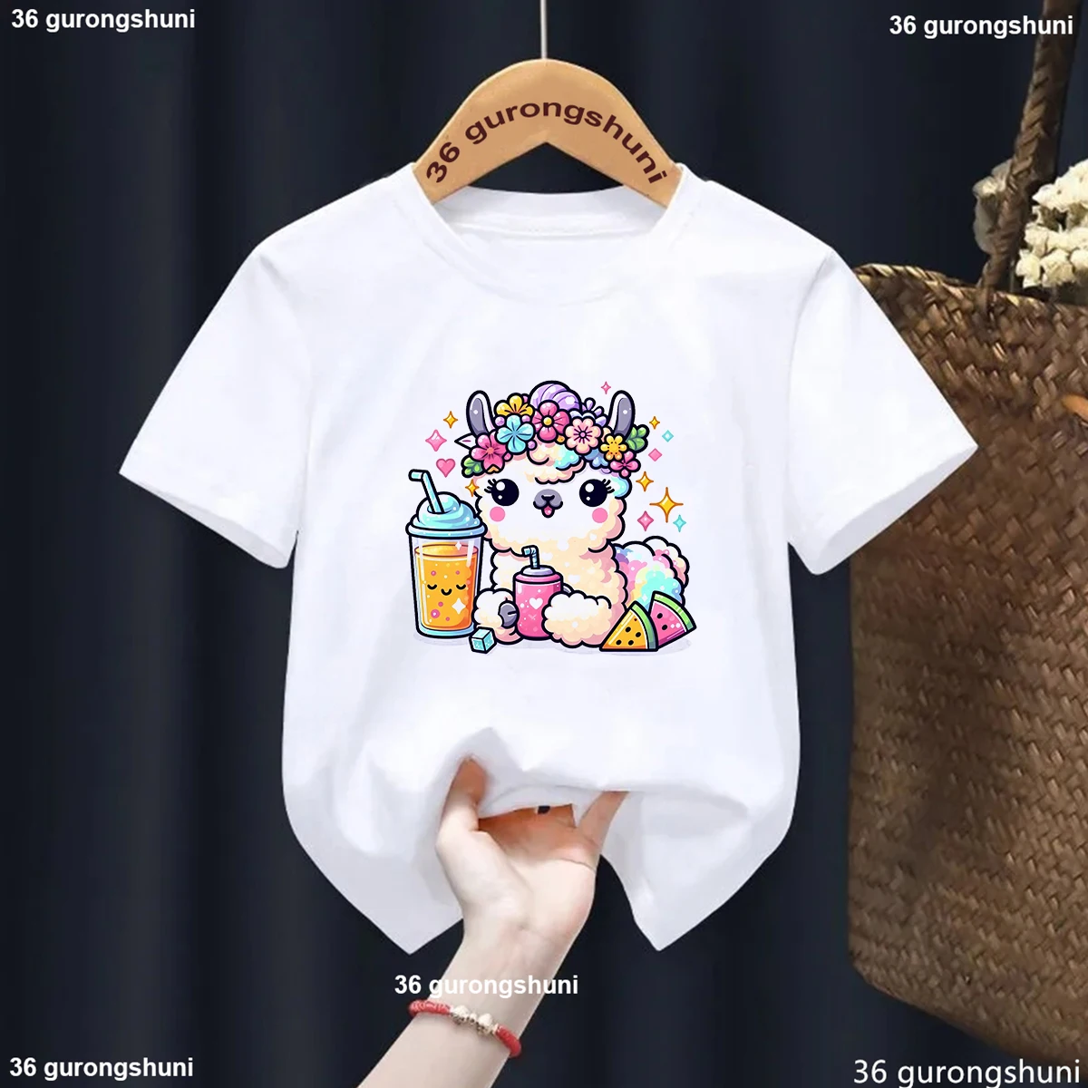 

Colorful Llama Love Fruit Juice Printed Tshirt Girls/Boys Funny Kawaii Kids Clothes Summer Short Sleeve T-Shirt Solid T Shirt