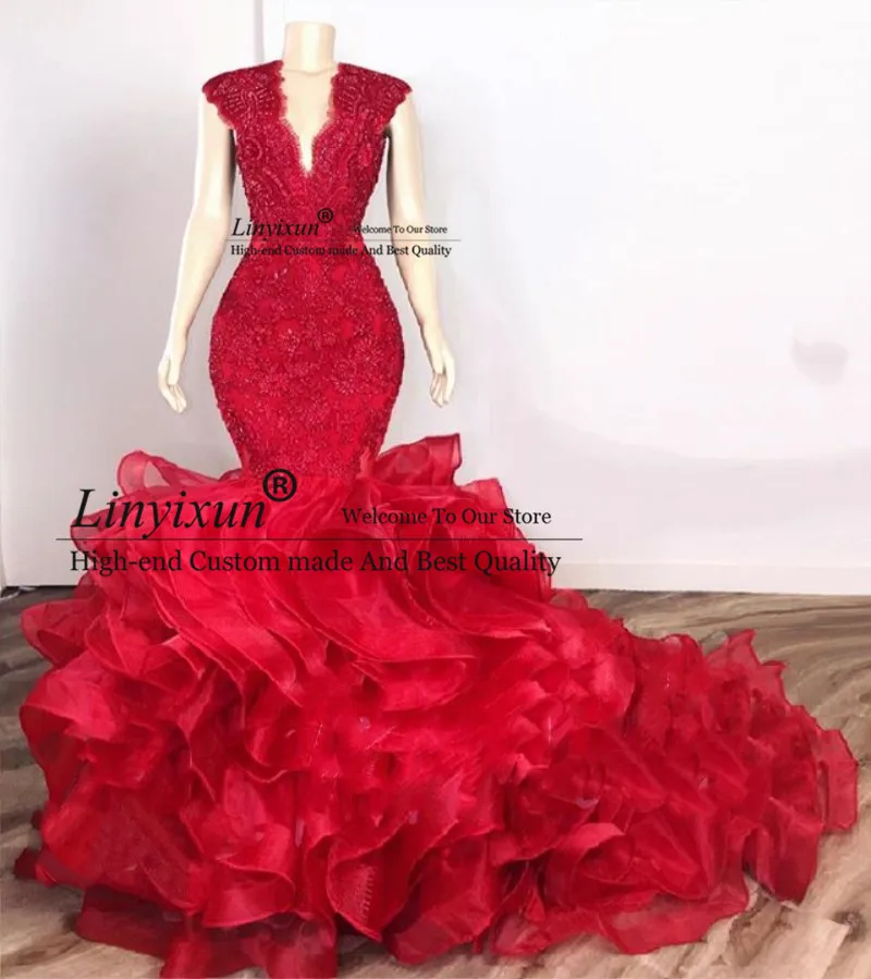 Dark Red Cascading Rüschen Formale Prom Kleider Mode Spitze Perlen Organza V-ausschnitt Meerjungfrau Abendkleider Sweep Zug Party Kleid