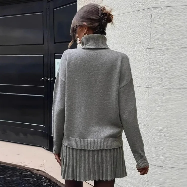 2026 Women's Winter New Casual Fashion Set Knitted High Collar Long Sleeve Short Skirt Two Piece Set for Women