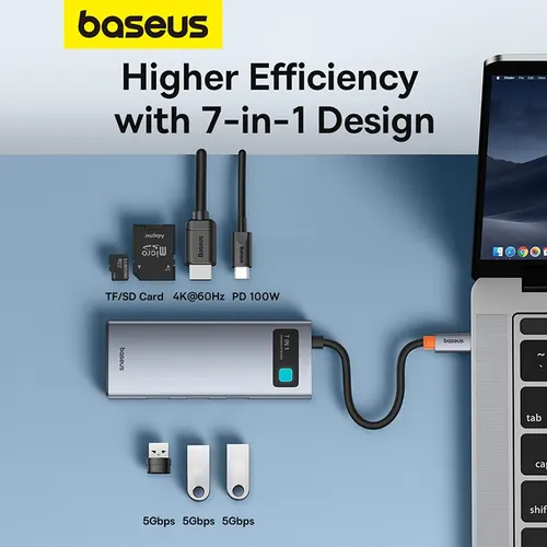 Imagen 2 del producto Baseus-concentrador de red 7 en 1, Gen 2, USB C HUB 4K @ 60Hz HDMI 3 x USB 3,0 PD 100W tipo C Puerto SD/TF lector de tarjetas para Macbook iPad M2 M1, Steam Deck