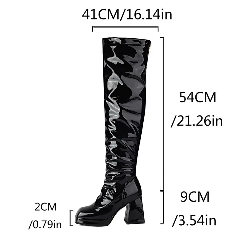 Girseaby Fashion Female Thigh Boots Square Toe Chunky Heels 9cm Platform 2cm Zipper Shiny Sexy Party Bota Large Size 46 47 48