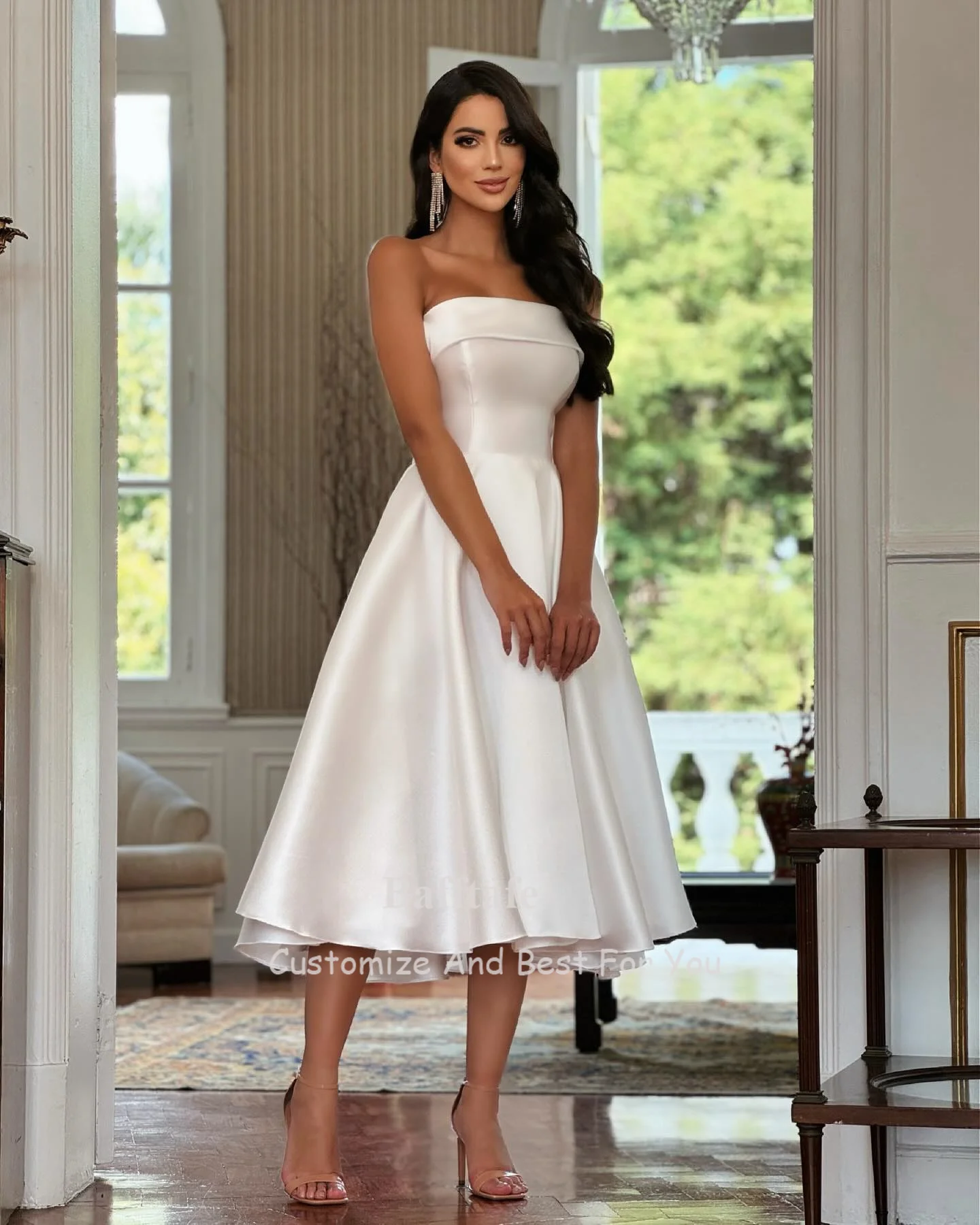 Bafftafe A Line Satin Midi Wedding Dresses Bride Strapless Tea-Length Wedding Gowns Formal Prom Party Evening Dress Customized