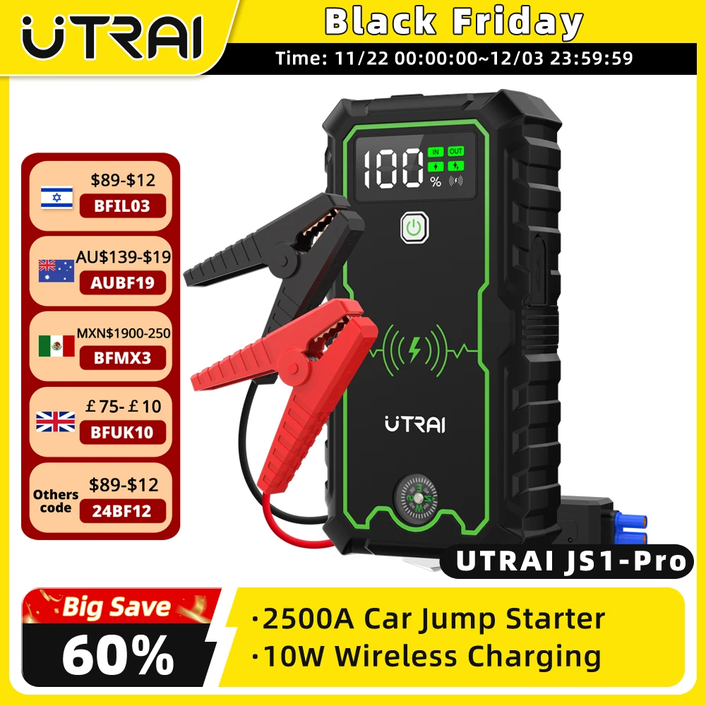 UTRAI Car Jump Starter 2500A Car Battery Starters 16000mAh Portable Power Bank 10W Wireless Charging Propulsion Booster For Car