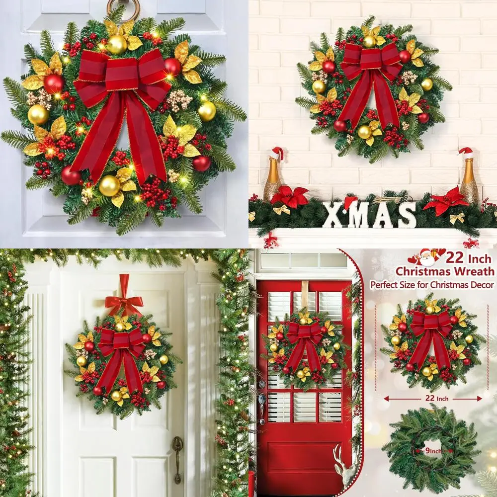 

Christmas Wreaths Set of 2, Festive Door Decor with Lights, Bows, Balls, Ornaments, Berries, and Sparkling Details for Holiday C