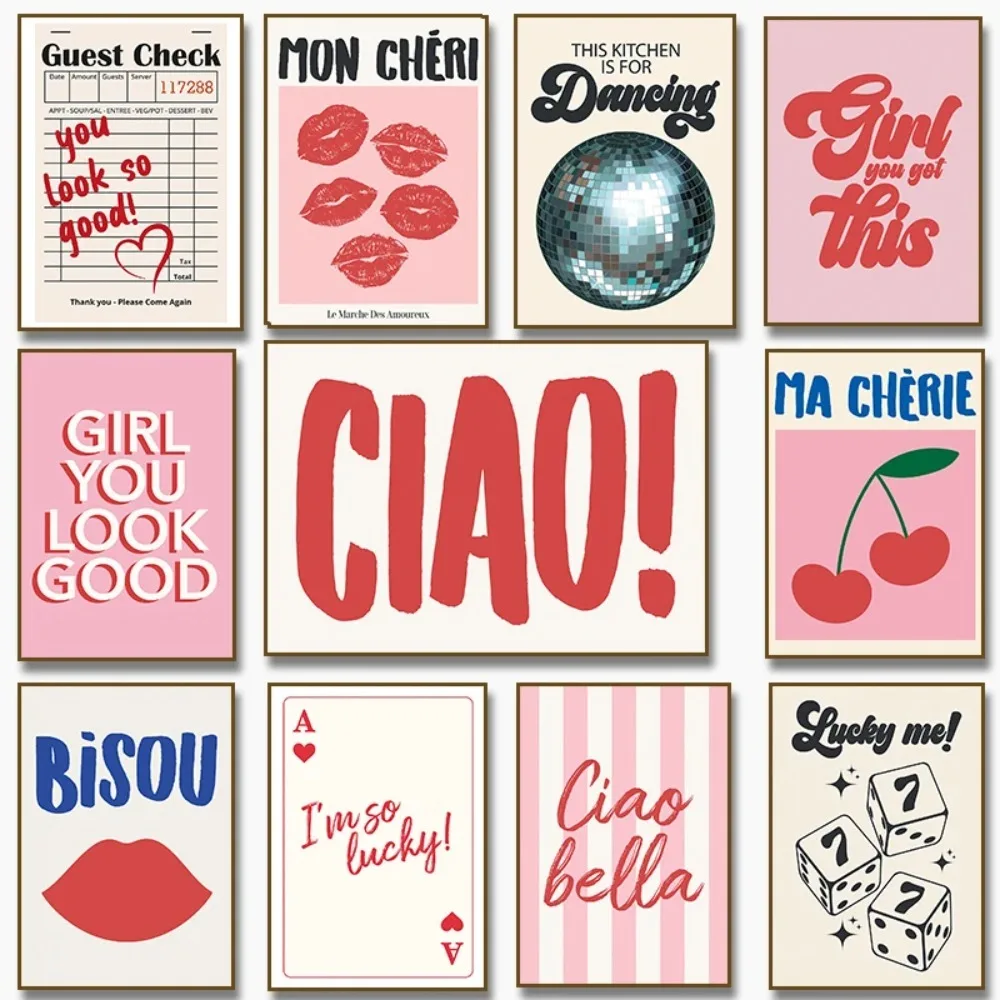 Ciao bella cereja bola de discoteca cartaz rosa arte da parede convidado menina você parecer bom pintura em tela decoração do quarto casa