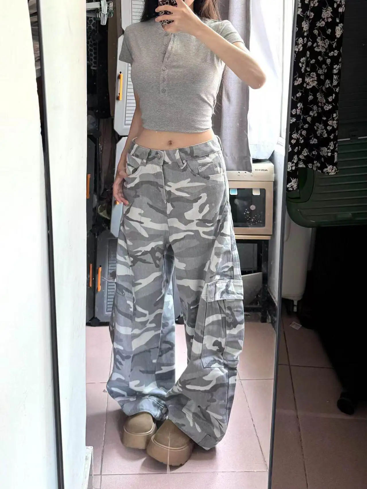

American High Street Vibe Grey White Camouflage Washed Wide Leg Knife Jeans Men Women Trendy Loose Straight Long Pants
