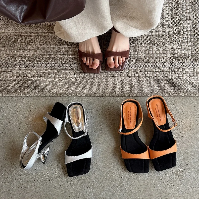 2026new summer women sandals natural leather 22-25cm cowhide/kid suede+sheepskin+pigskin open toe mules high heel women slippers