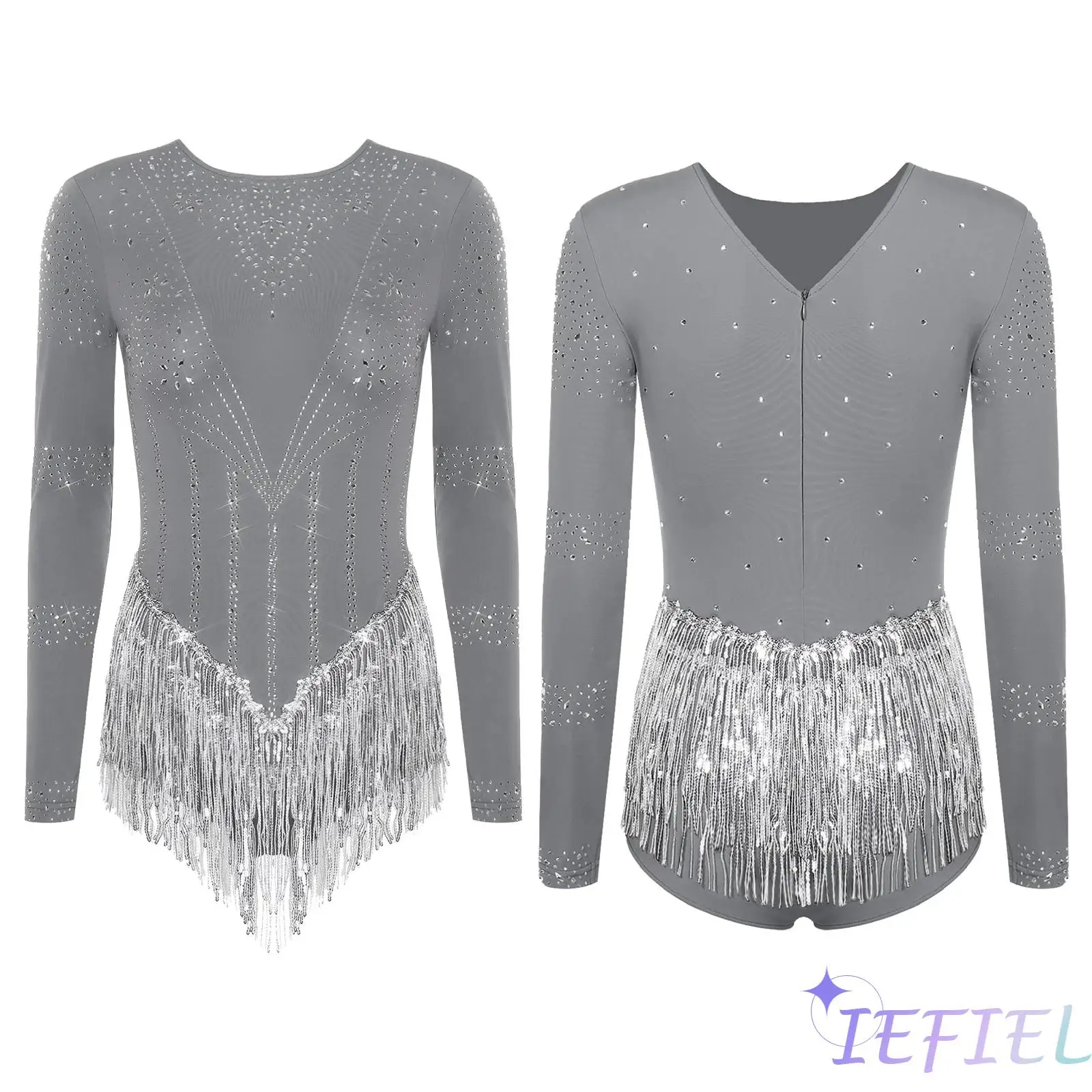 

Womens Glittery Rhinestones Latin Tango Chacha Samba Dance Costume Sequin Tassel Long Sleeve Leotard Lyrical Ballet Jumpsuit