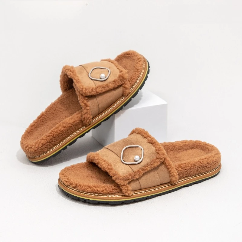 New Fashion Versatile Thick-Soled Women's Cotton Slippers Winter Suitable Outdoor Wear Couple Style Magic Tape Buckle Decoration