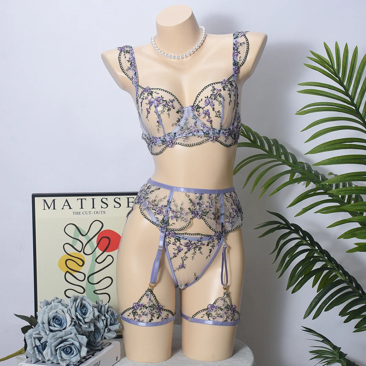 

Porno Embroidery Floral Sheer Lingerie Suits Strap Club Sheath Sleepwear Fashion Gause Transparent Slim Underwear Sets