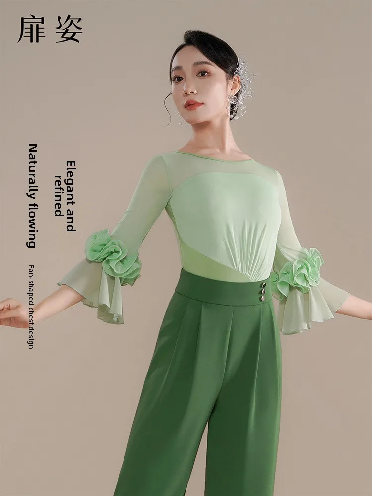 Modern Dance Top Women's Fashionable Social Dance High-end One-piece Suit New 2026 F1448 Short Sleeve round Neck Fitness Spor...