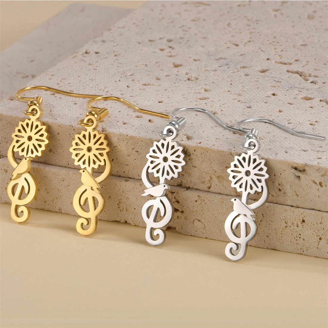 Edelstahl-Ohrringe mit Blumen-, Vogel- und Notenmotiven, Sonnenblume, modische Ohrringe für Damen, personalisierte Partygeschenke.