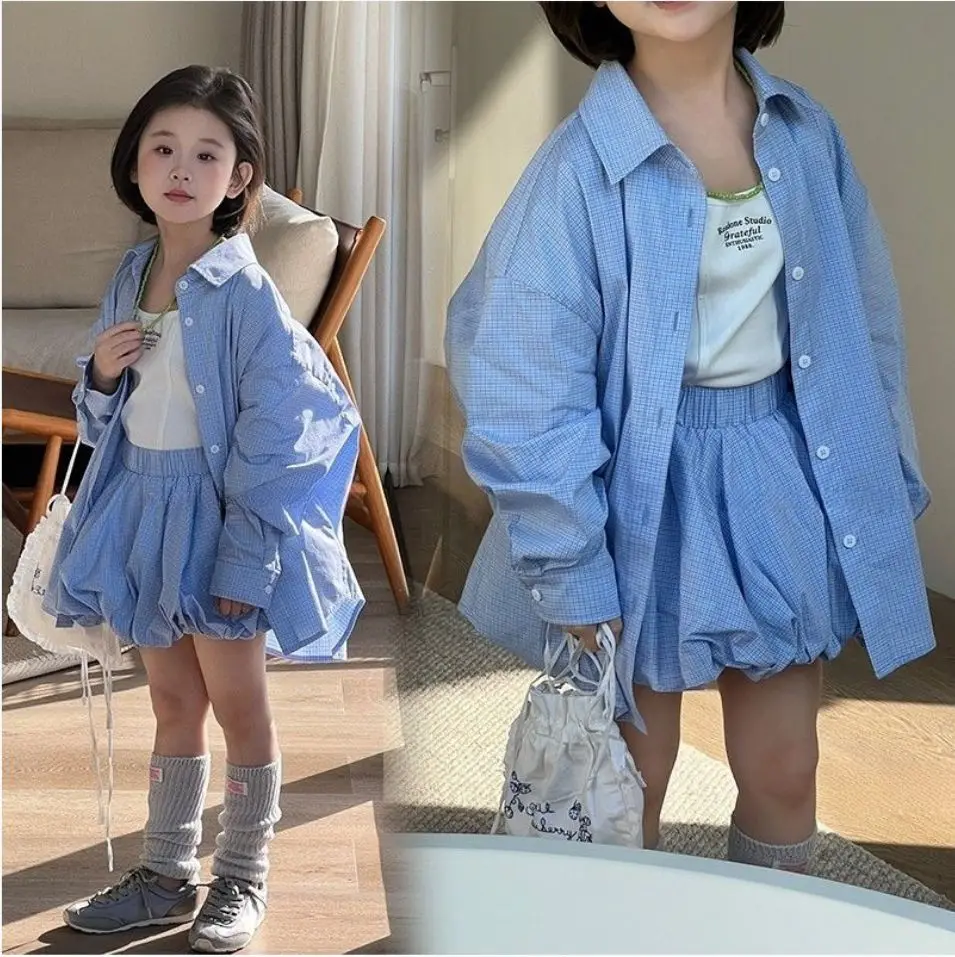 2026 Spring Summer Stylish Blue Shirt Skirt Set for Girls - Trendy Plaid Blouse & Chic Bloom Skirt Two-Piece Outfit Kids Clothes