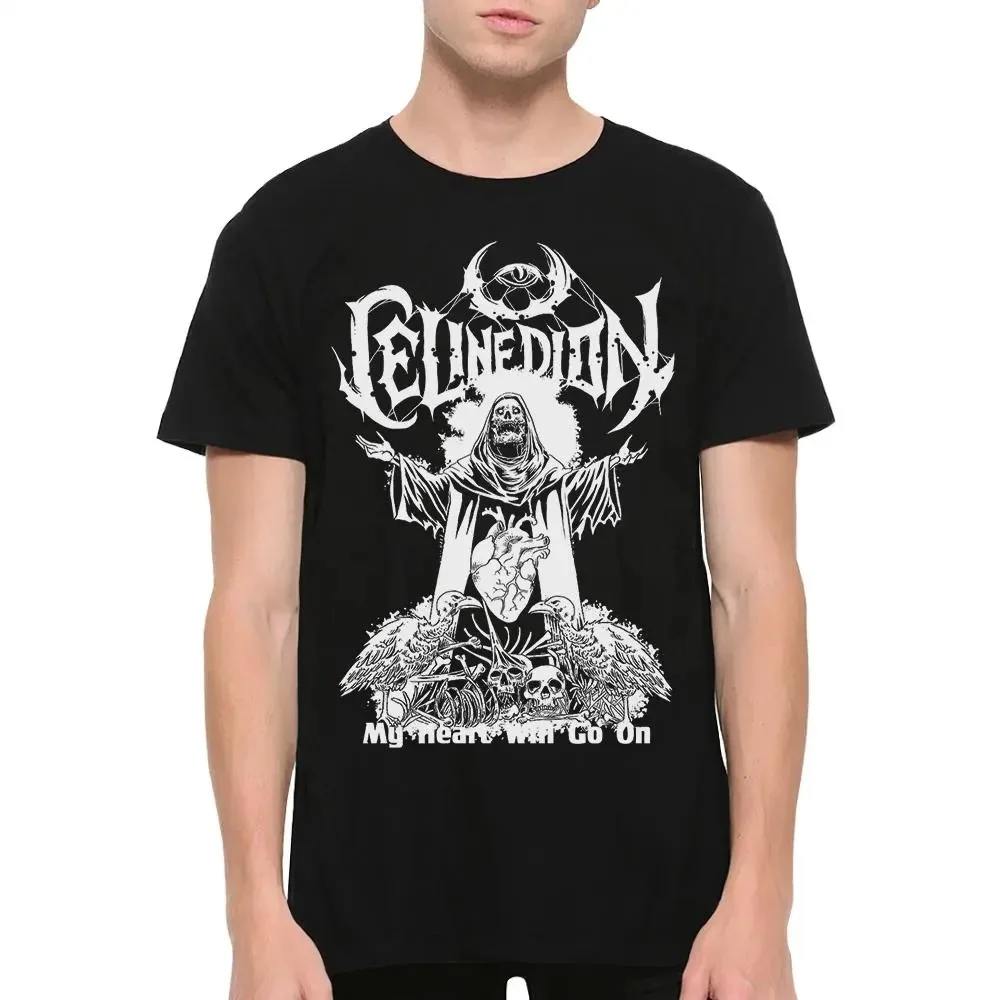 Celine Dion My Heart Will Go on Death Metal Style Camiseta gráfica de manga corta Camiseta para hombre para todas las estaciones Camiseta de algodón negro