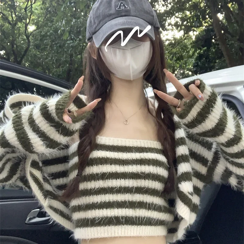 

Вязаные комплекты женские тонкие милые камзолы для отдыха укороченные полосатые винтажные кардиганы студенческая уличная одежда уютная новая весенняя корейская популярная