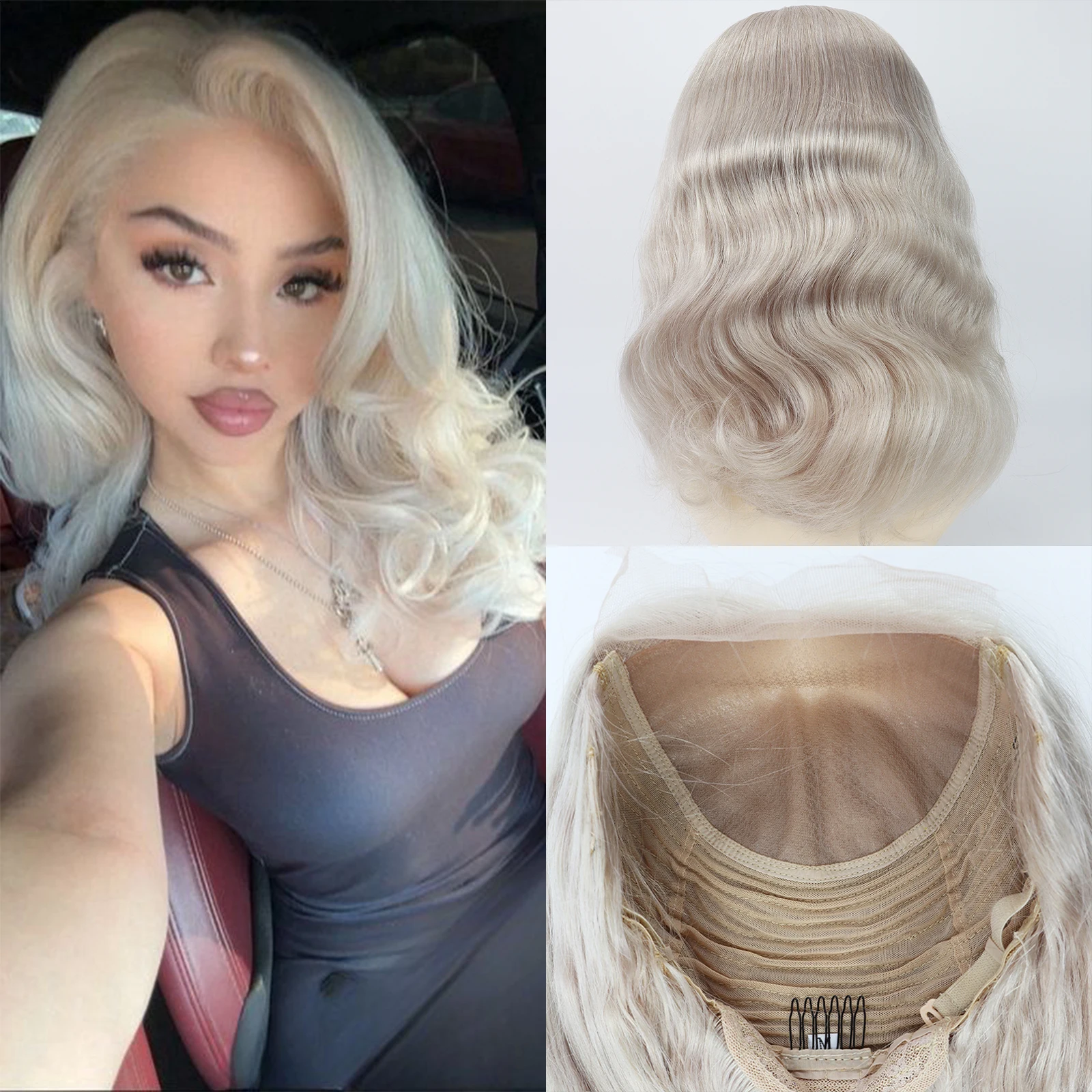 #60 Platinum Blonde Silk Base Body Wave Wig 14 inch Virgin European Human Hair Wig for Women Silk Top with Clips in