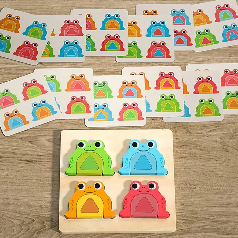 Wooden Frog Puzzle Educational Puzzles Toys With 20 Double-Sided Cards Frog Puzzles Color Recognition Shape Matching Toys For