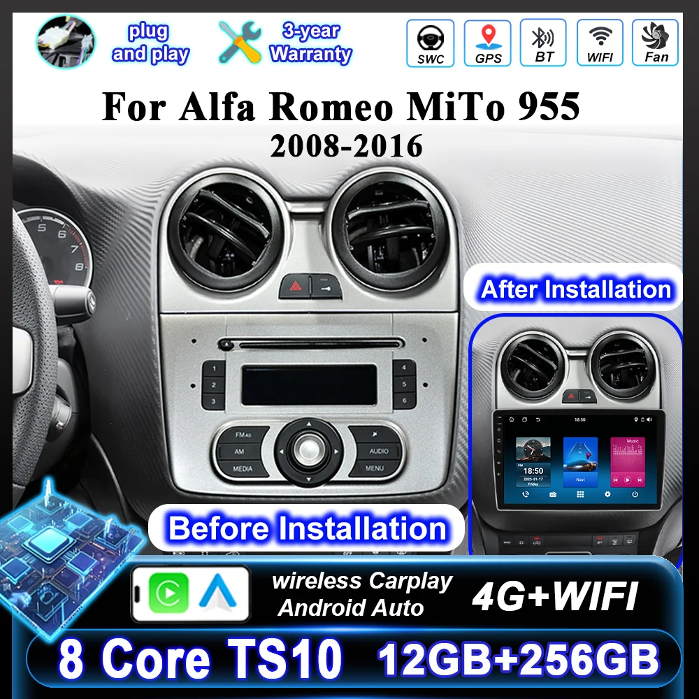 Android 16 Radio estéreo de coche para Alfa Romeo MiTo 955 2008-2016 Auto Cireless Carplay navegación GPS reproductor de vídeo Multimedia Wifi 1