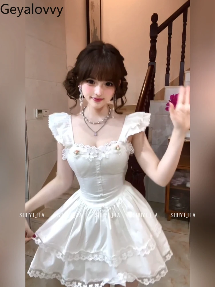 

Sweet and Cute Girl Flying Sleeve Three-dimensional Flower Dress Summer New White High-waisted Slim Princess Puffy Dresses