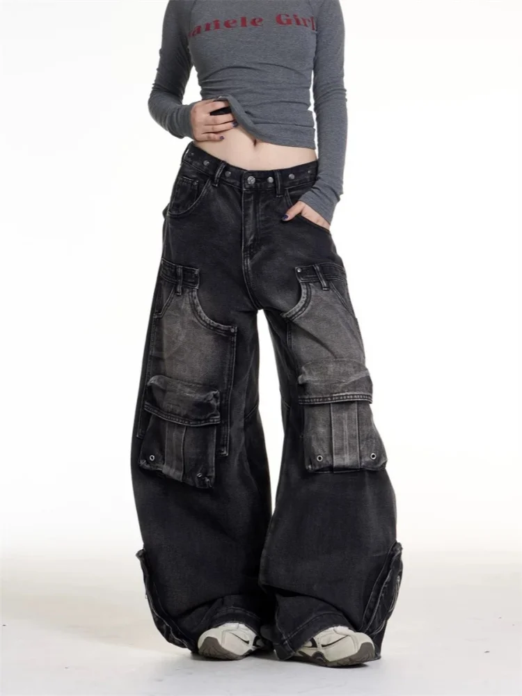 

Женские джинсы-карго в стиле ретро Y2K, черные, свободные, с множеством карманов, широкие штанины, длинные брюки, коллекция 2026 года