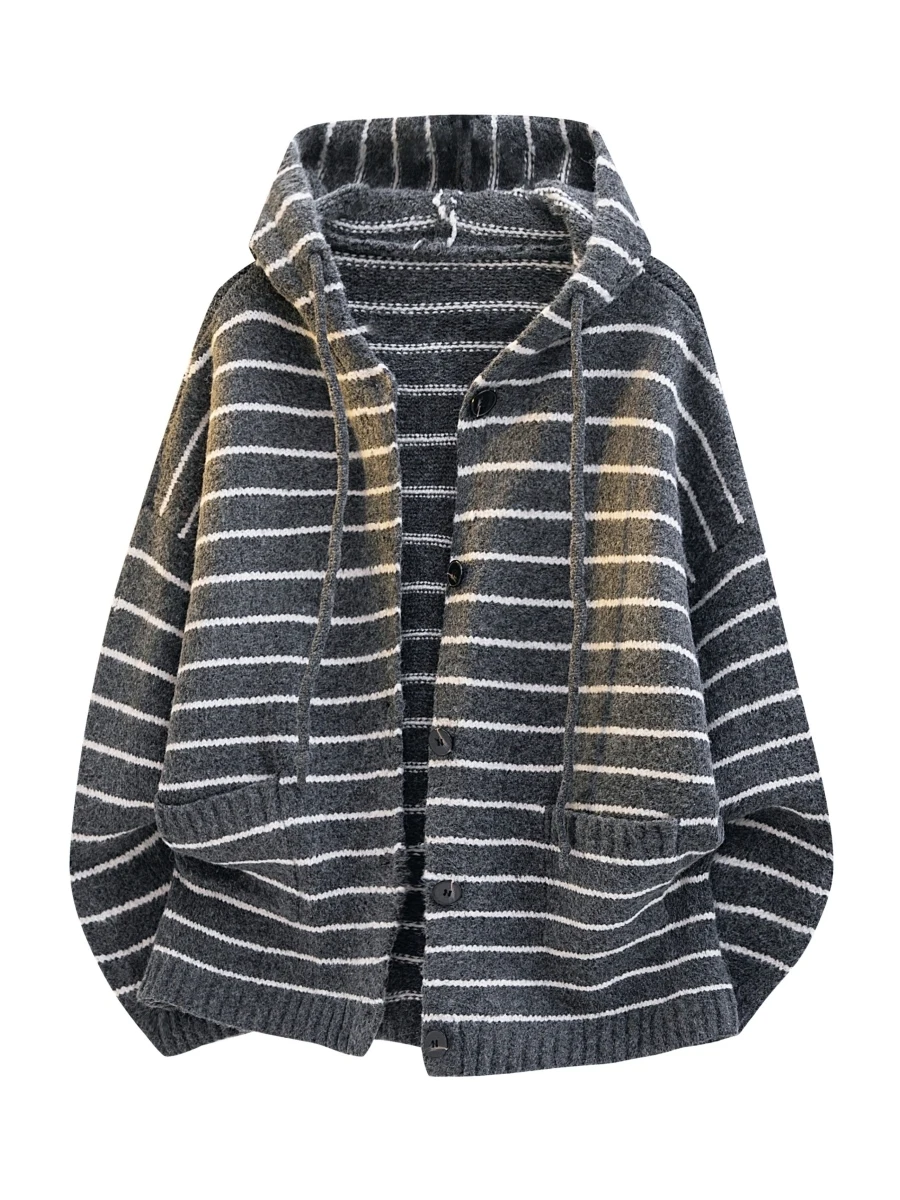 

Новый осенне-зимний вязаный свитер с капюшоном в полоску в американском ретро-стиле, свободный вязаный кардиган с цветными блоками, модная верхняя одежда