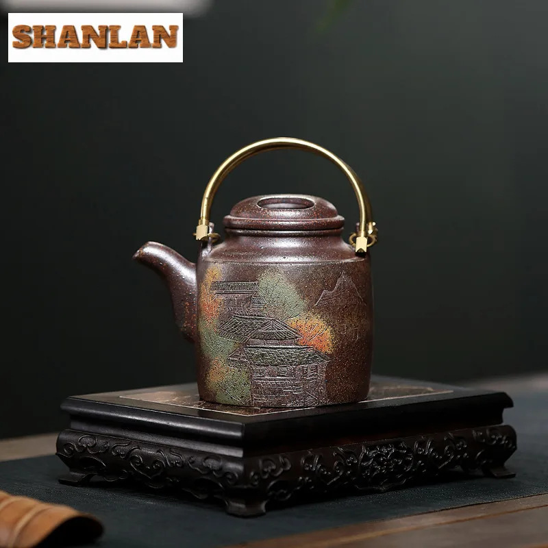 

500ml Yixing Purple Clay Teapots Handmade Lifting Handle Pot Raw Ore Agilawood Firewood Mud Kettle With Strainer Zisha Tea Set