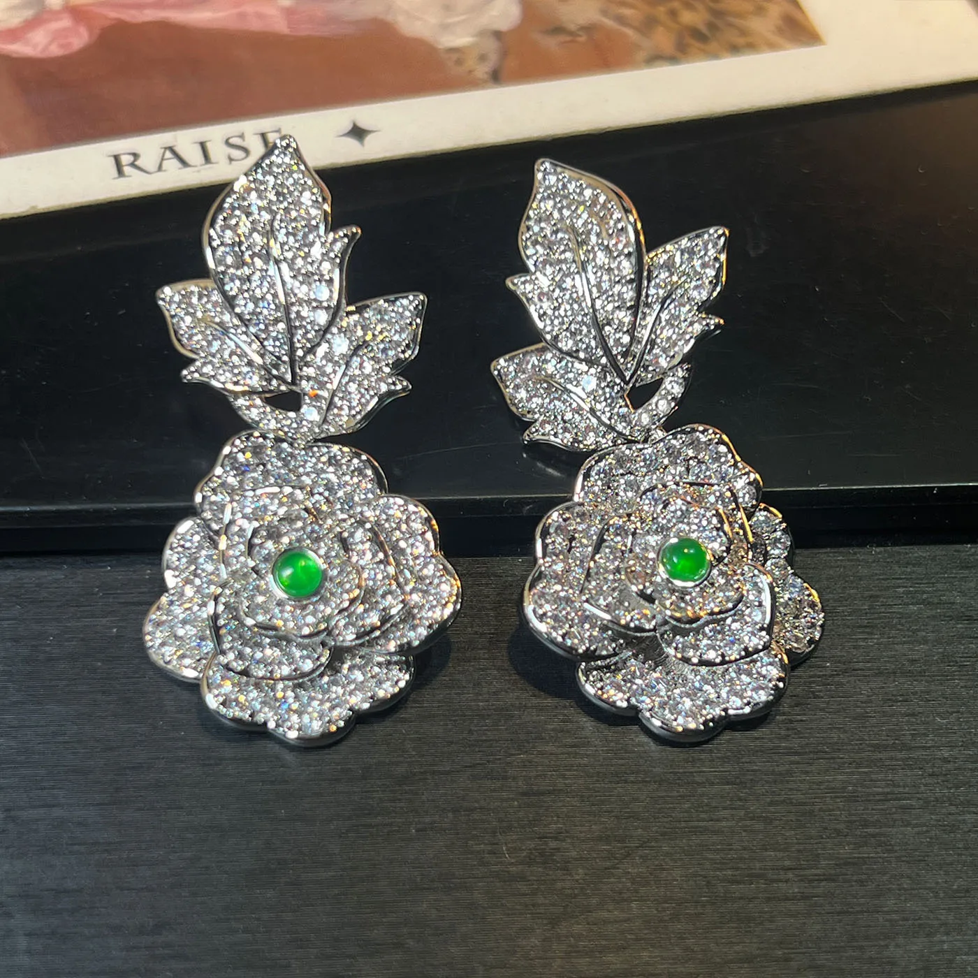 Full diamond rose earrings light luxury high-end leaf earrings