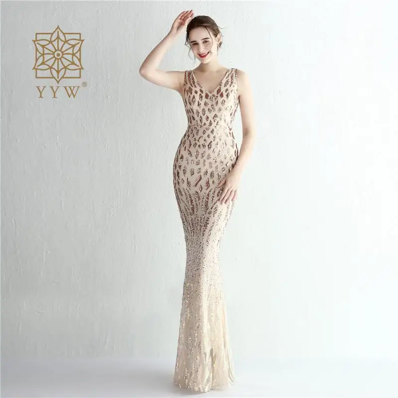 Gold Glitter Sequin Elegant Wedding Dresses For Women Maermaid Sleeveless Formalcelebrity Bridal Vestidos De Fiesta Para Bodas