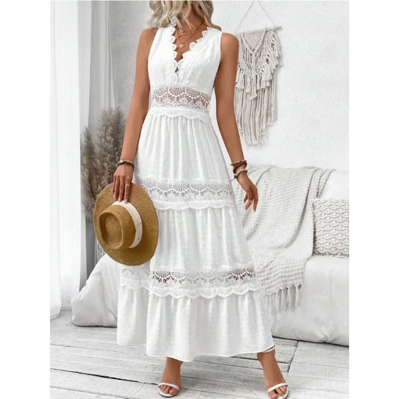 Women Casual Lace Patchwork Dress Lady Sexy V-neck Hollow Out Maxi Dresses Summer Sleeveless Bandage Bohemia Long Vestidos